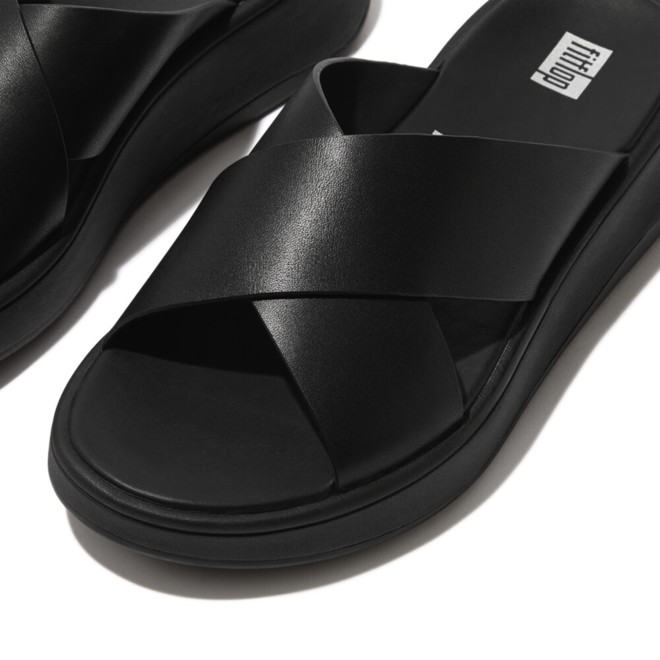 F MODE LEATHER FLATFORM CROSS SLIDES