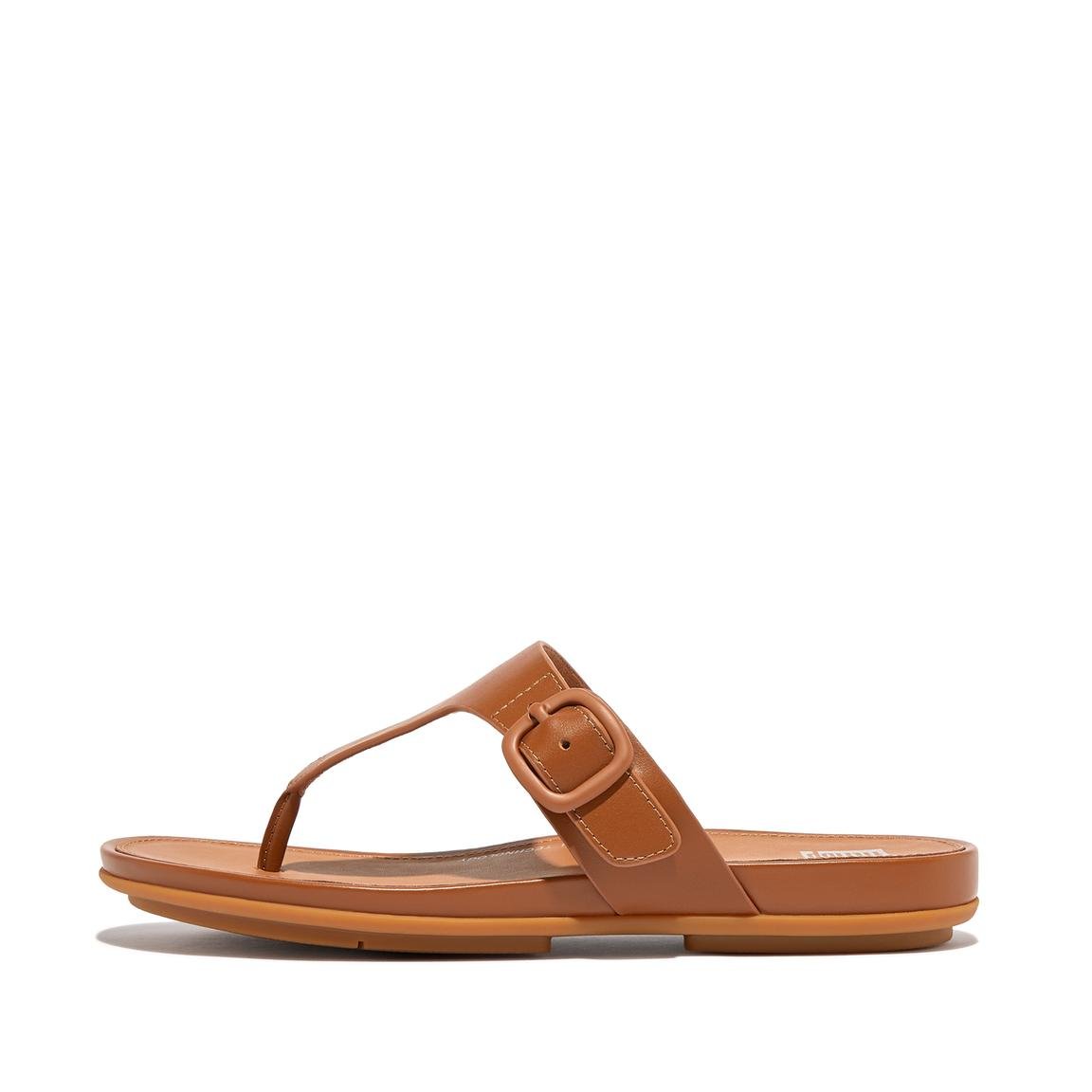 GRACIE RUBBER-BUCKLE LEATHER TOE-POST SANDALS