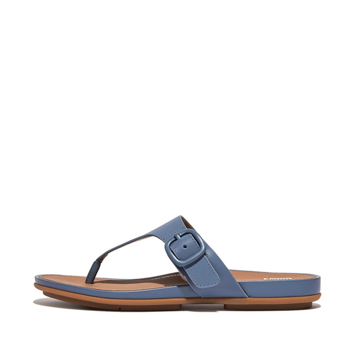 Rubber-Buckle Leather Toe-Post Sandals