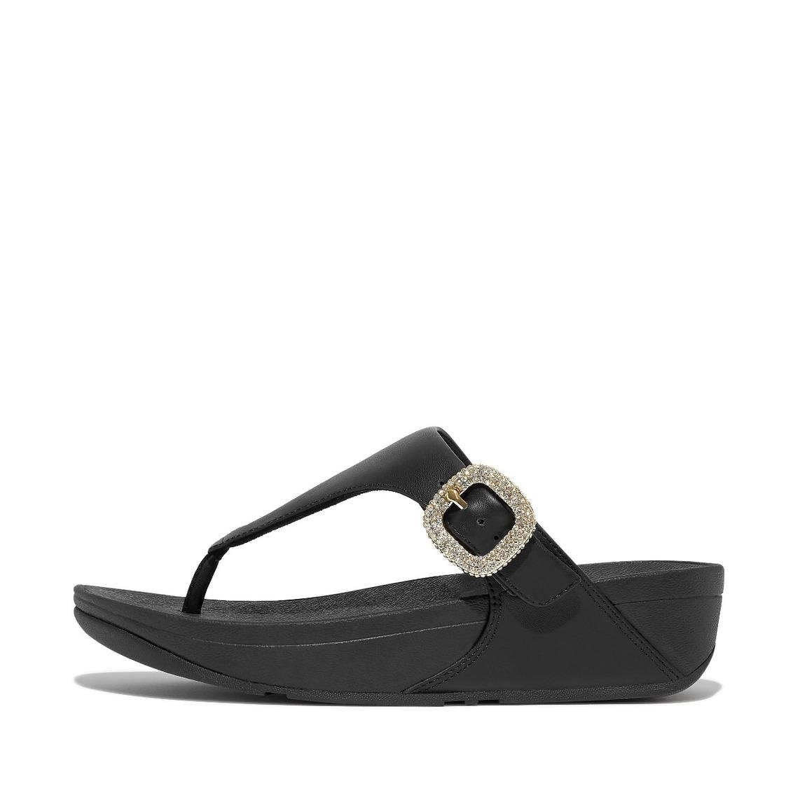 LULU CRYSTAL-BUCKLE LEATHER TOE-POST SANDALS