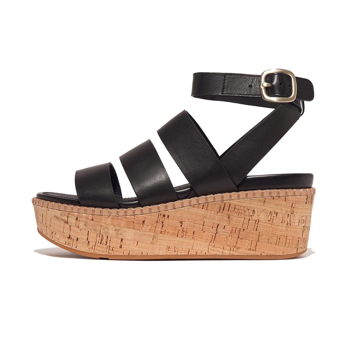 ELOISE LEATHER/CORK STRAPPY WEDGE SANDALS