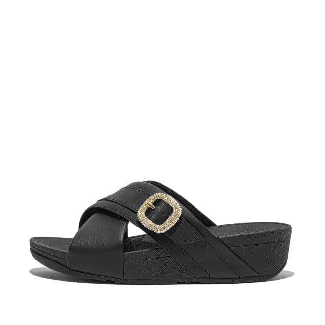 LULU CRYSTAL-BUCKLE LEATHER CROSS SLIDES